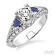 4x4MM Trillion Cut Sapphire and 1 1 5 Ctw Diamond Engagement Ring with 5 8 Ct Round Cut Center Stone in 14K White Gold Sale