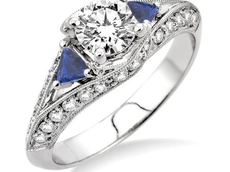 4x4MM Trillion Cut Sapphire and 1 1 5 Ctw Diamond Engagement Ring with 5 8 Ct Round Cut Center Stone in 14K White Gold Sale