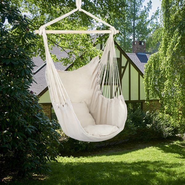 Hammock Chair Distinctive Cotton Canvas Hanging Rope Chair with Pillows Beige Online Sale