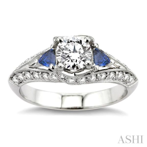 4x4MM Trillion Cut Sapphire and 5 8 Ctw Round Cut Diamond Semi-Mount Engagement Ring in 14K White Gold on Sale