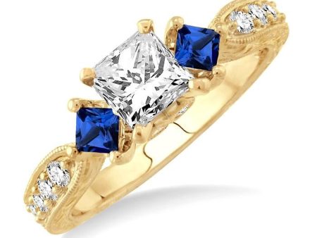 5 8 Ctw Diamond and 2.8mm Princess Cut Sapphire Engagement Ring with 3 8 Ct Princess Cut Center Stone in 14K Yellow Gold For Sale