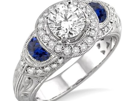 5x3MM Half moon Sapphire and 1 2 Ctw Round Cut Diamond Semi-Mount Engagement Ring in 14K White Gold Fashion