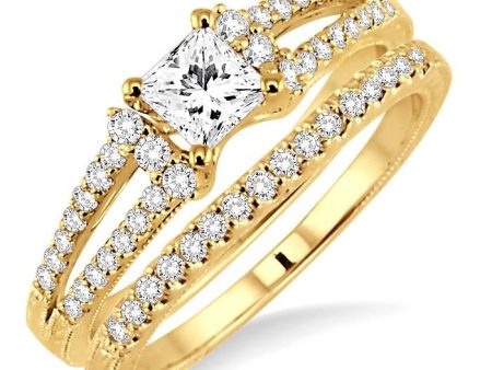 3 4 Ctw Diamond Wedding Set with 5 8 Ctw Princess Cut Engagement Ring and 1 6 Ctw Wedding Band in 14K Yellow Gold on Sale