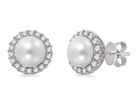 8x8mm Cultured Pearl and 1 3 Ctw Round Cut Diamond Earrings in 14K White Gold For Cheap