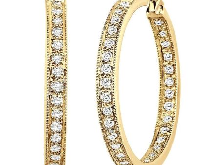 1 Ctw Round Cut Diamond Hoop Earrings in 14K Yellow Gold For Sale