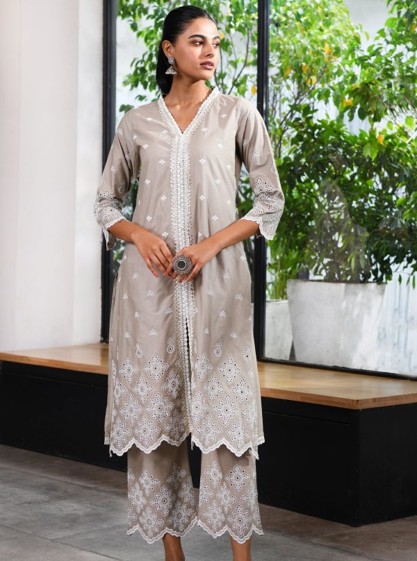 Mulmul Cotton Ophelia Grey kurta With Ophelia Grey Palazzo Supply