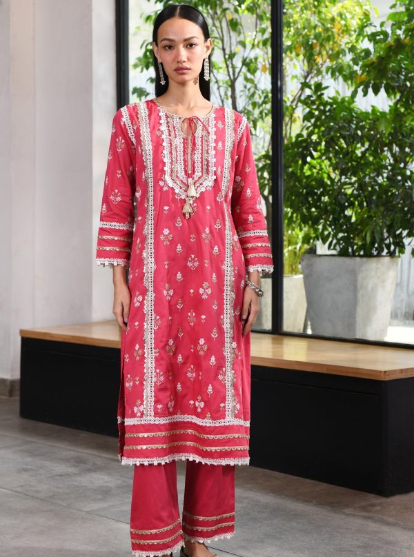 Mulmul Pima Sorrel Fuchsia Kurta With Sorrel Fuchsia Pant Online now