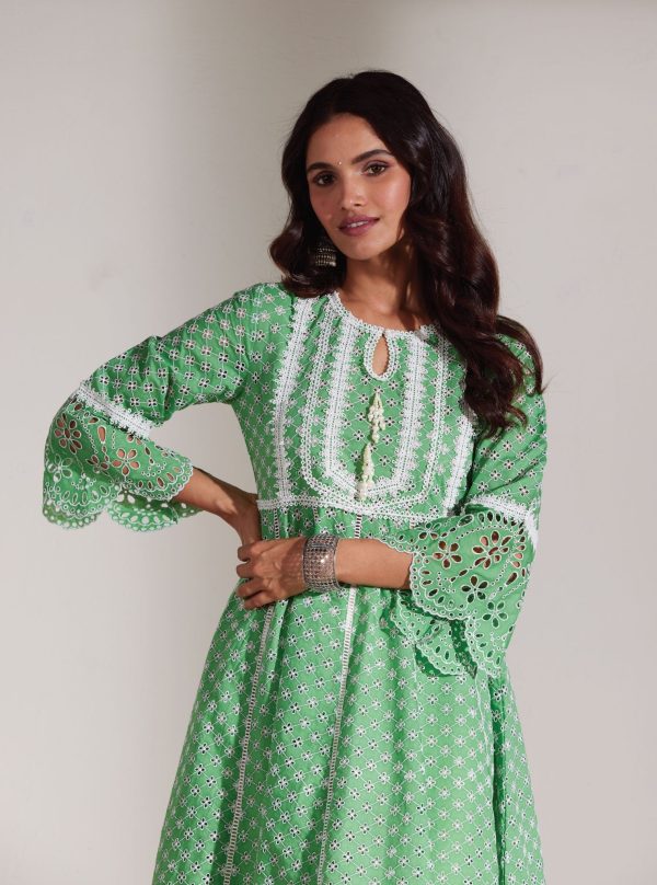 Mulmul Cotton Arris Green Anarkali  Kurta Online