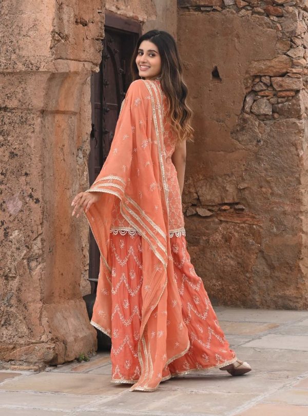 Mulmul Organza Satin Ainah Burnt Orange Kurta with Mulmul Organza Satin Ainah Burnt Orange Sharara Online Hot Sale