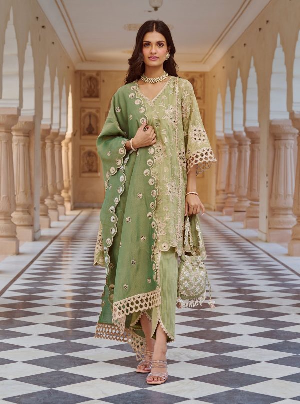 Mulmul Banarsi Magan Green Kurta with Mulmul Banarsi Magan Green Dhoti Pant Online Sale