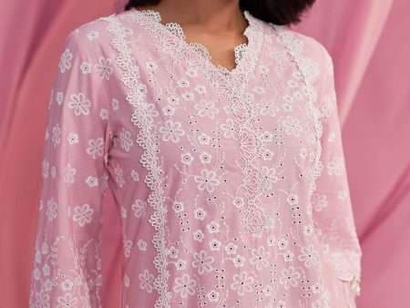 Mulmul Cotton Adhira Pink Kurta With Mulmul Cotton Fiza White Pant For Cheap