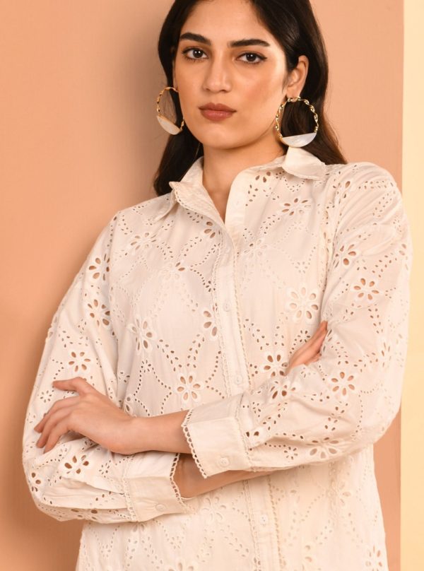 Mulmul Cotton Trix White Long Shirt with Mulmul Cotton Trix White Pant Hot on Sale