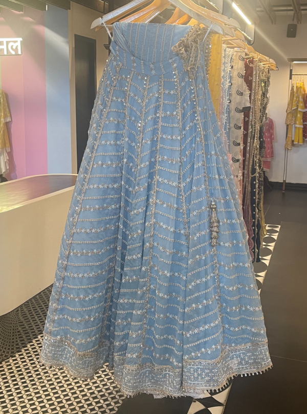 Mulmul Organza Gulmohar Blue Lehenga Online