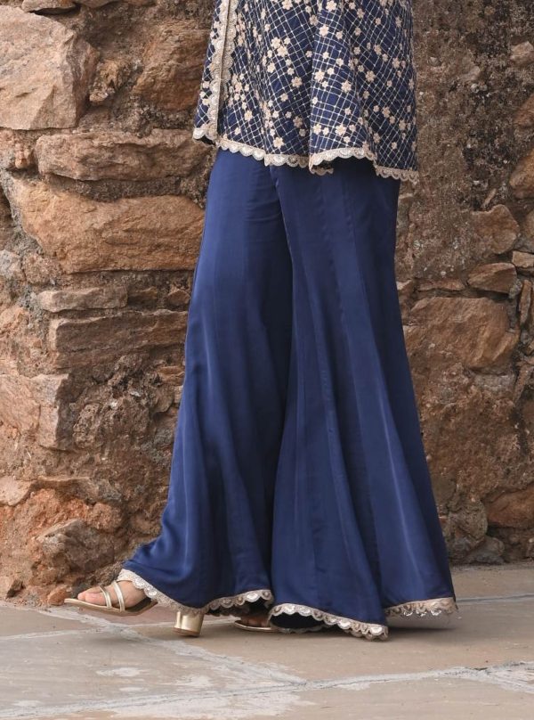 Mulmul Organza Satin Afreen Navy Top with Mulmul Modal Satin Afreen Navy Sharara on Sale