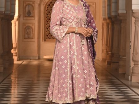 Mulmul Banarsi Bhumbro Lilac Anarkali Kurta with Mulmul Pima Satin Bhumbro Lilac Pant Cheap