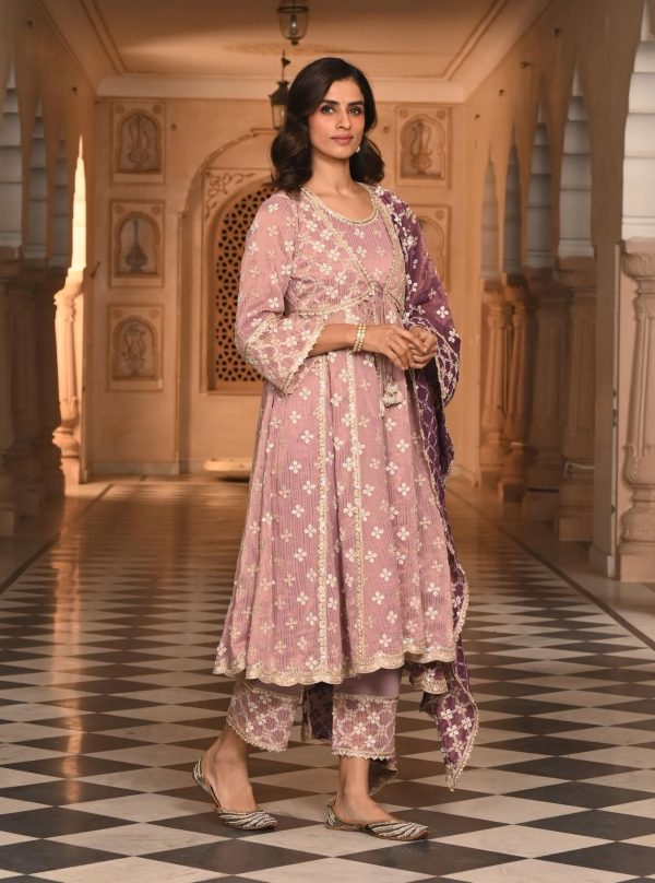 Mulmul Banarsi Bhumbro Lilac Anarkali Kurta with Mulmul Pima Satin Bhumbro Lilac Pant Cheap