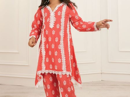 Mulmul Cotton Amaris Red Kurta With Amaris Red Pant on Sale