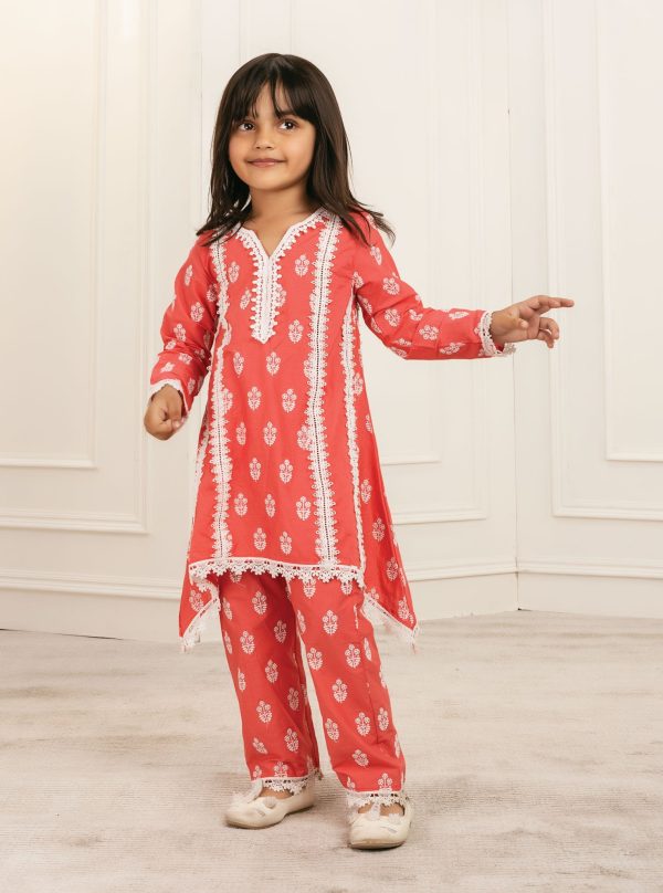 Mulmul Cotton Amaris Red Kurta With Amaris Red Pant on Sale