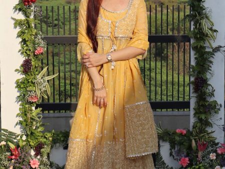 Mulmul Organza Sheri Yellow Anarkali Kurta With Mulmul Organza Sheri Yellow Sharara Online