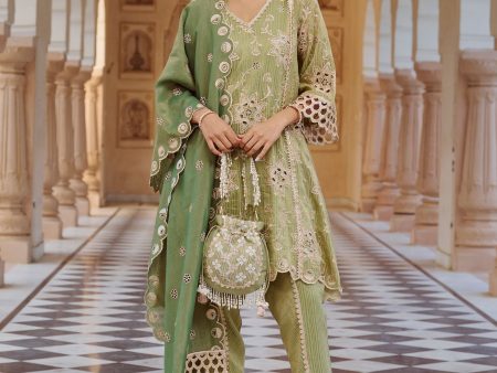 Mulmul Banarsi Magan Green Kurta with Mulmul Banarsi Magan Green Dhoti Pant Online Sale