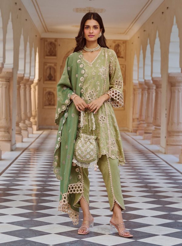 Mulmul Banarsi Magan Green Kurta with Mulmul Banarsi Magan Green Dhoti Pant Online Sale