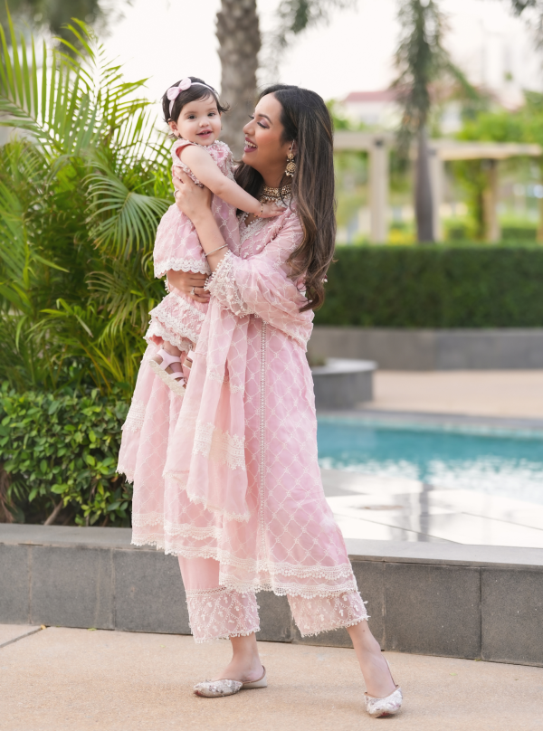 Mulmul Organza Anya Pink Anarkali Kurta With Anya Pink Sharara Online Sale