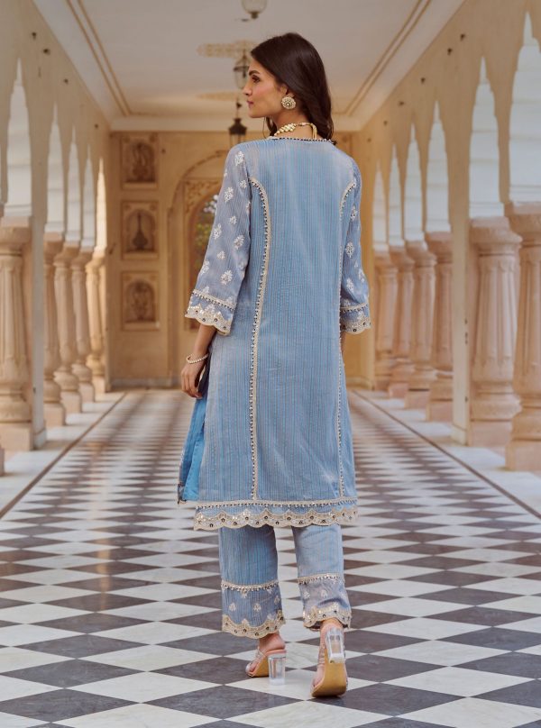 Mulmul Banarsi Gerua Blue Kurta with Mulmul Banarsi Gerua Blue Pant Discount