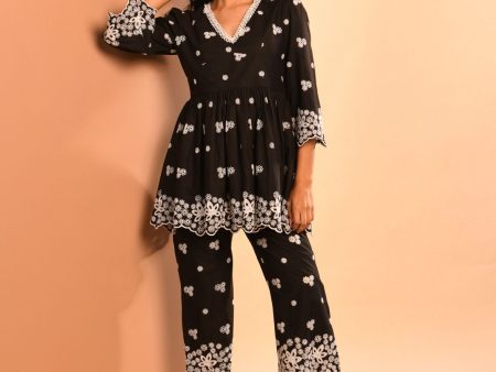 Mulmul Cotton Ayn Black Top With Mulmul Cotton Ayn Black Pant For Sale