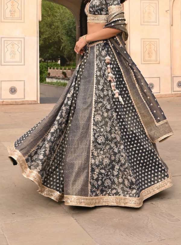 Mulmul Luxe Tissue Satin Deewani Navy Lehenga Online now