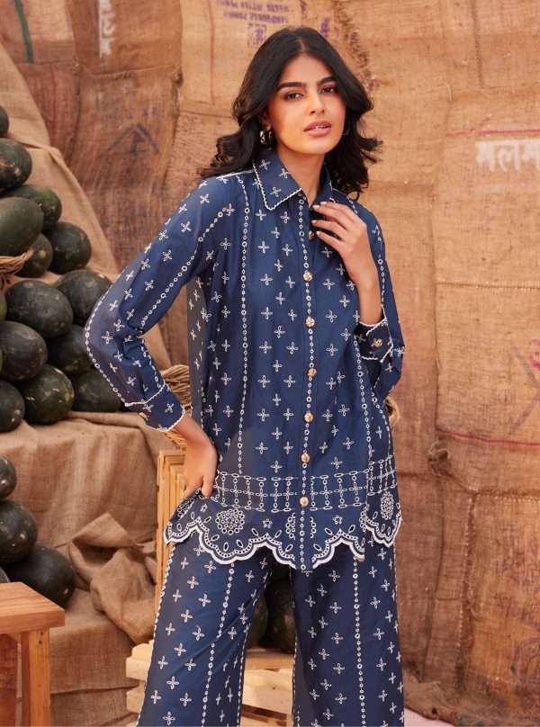 Mulmul Cotton Inaya Navy Shirt With Mulmul Cotton Inaya Navy Pant Fashion