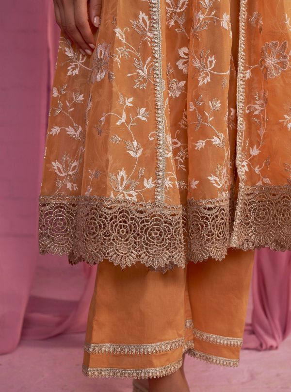 Mulmul Organza Sharvi Orange Anarkali Kurta With Mulmul Cotton Sharvi Orange Pant Hot on Sale