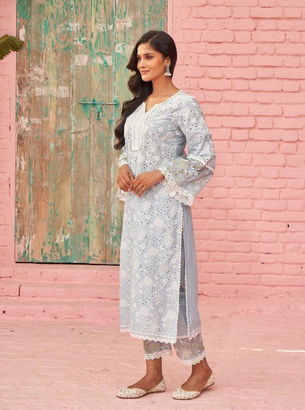 Mulmul Cotton Aaroh Light Blue Kurta With Mulmul Cotton Aaroh Light Blue Pant Fashion