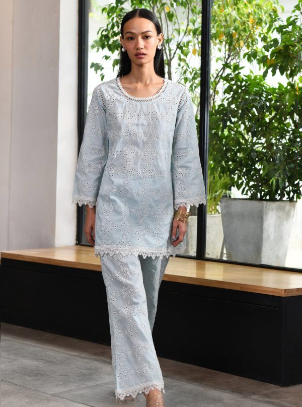 Mulmul Cotton Beverly Blue Top With Beverly Blue Pant For Discount