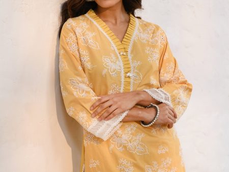 Mulmul Cotton Verlem Yellow Kurta With Mulmul Cotton Chemical Lace White Salwar Fashion