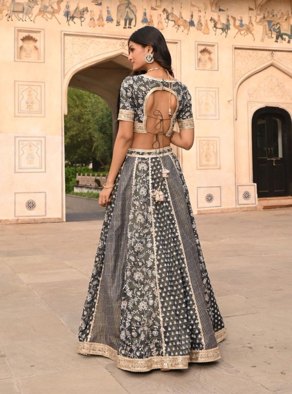 Mulmul Luxe Tissue Satin Deewani Navy Lehenga Online now