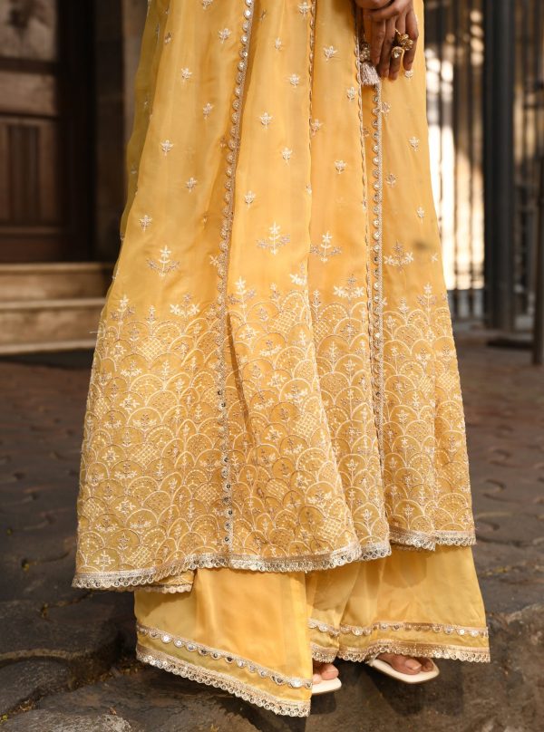 Mulmul Organza Sheri Yellow Anarkali Kurta With Mulmul Organza Sheri Yellow Sharara Online