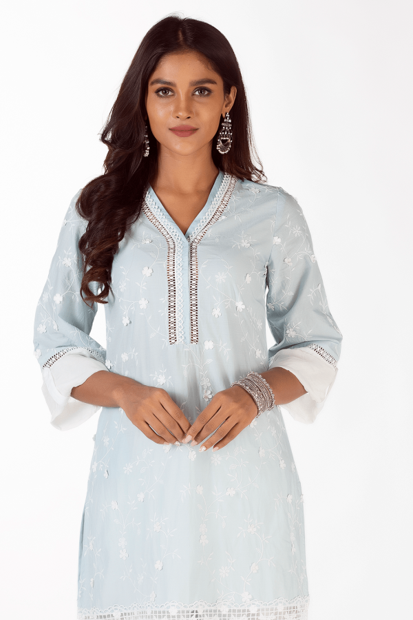 Mulmul Cotton Echo Light Blue Kurta For Cheap