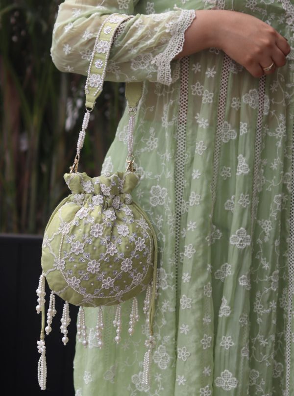 Mulmul Ruhani Lime Green Potli Bag Online now