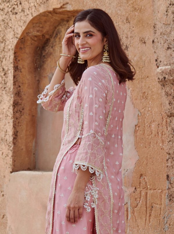 Mulmul Organza Satin Kundmayi Light Pink Kurta with Mulmul Modal Satin Kudmayi Light Pink pallazo For Sale