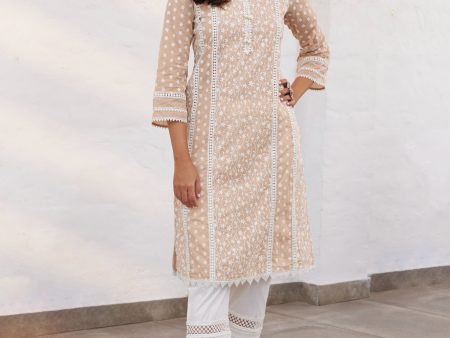 Mulmul Cotton Moira Beige Kurta With Mulmul Cotton Floral Ladder Slim White Pant on Sale