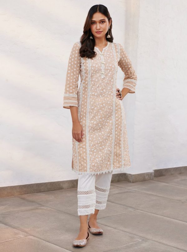 Mulmul Cotton Moira Beige Kurta With Mulmul Cotton Floral Ladder Slim White Pant on Sale