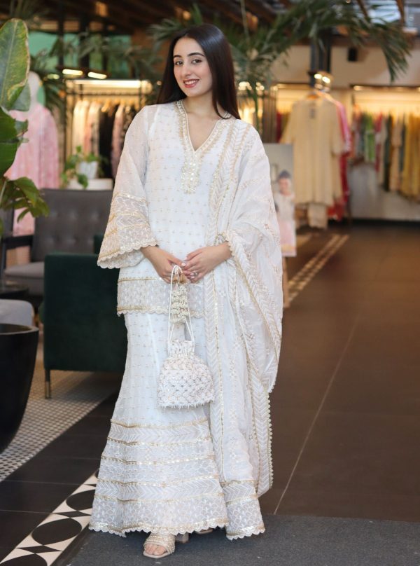 Mulmul Organza Sangli Off White Kurta with Sleeve With Mulmul Organza Sangli Off White Sharara Fashion