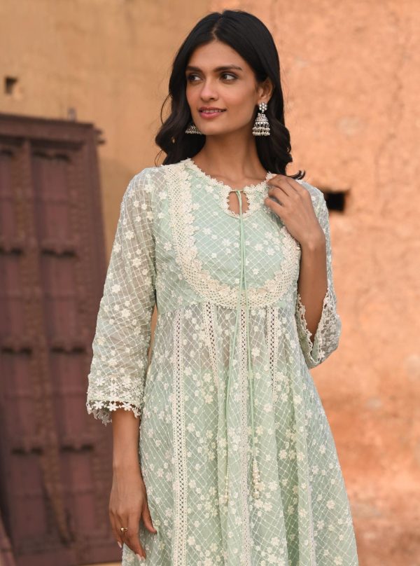 Mulmul Organza Zola Green Anarkali Kurta With Mulmul Cotton Zola Green Pant For Cheap