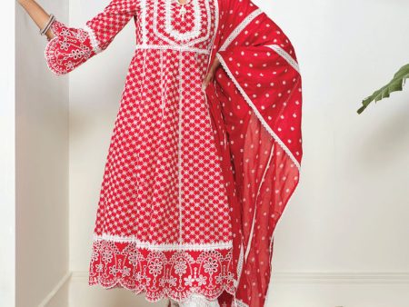 Mulmul Cotton Arris Anarkali Red Kurta For Cheap