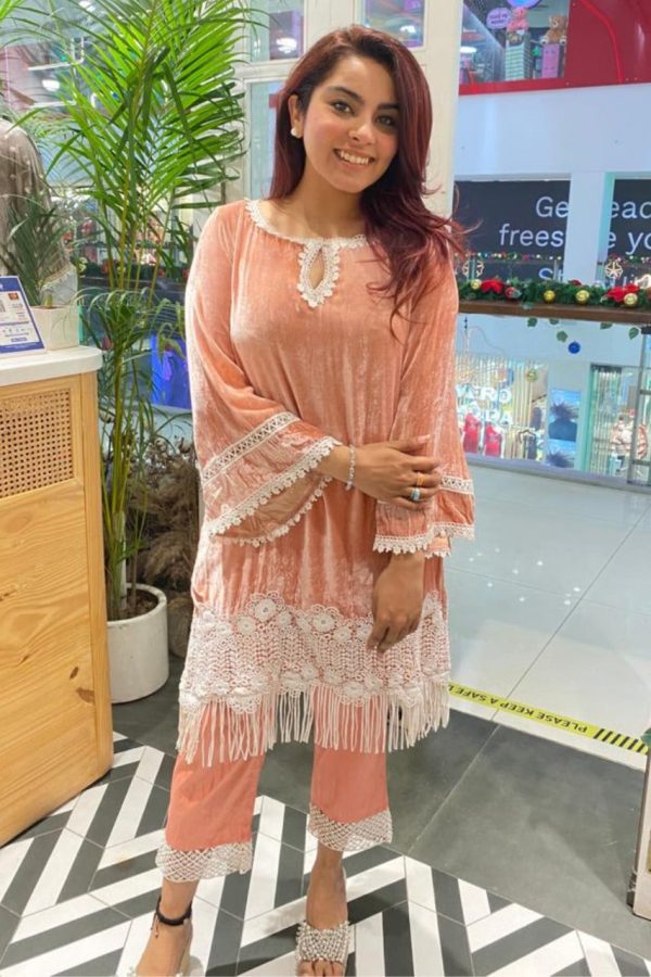 Makhmal Fern Pink Kurta with Fern Peach Pyjama Discount