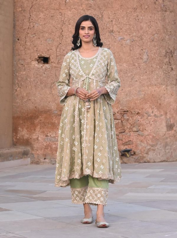 Mulmul Banarsi Bhumbro Green Anarkali Kurta with Mulmul Pima Satin Bhumbro Green Pant For Cheap