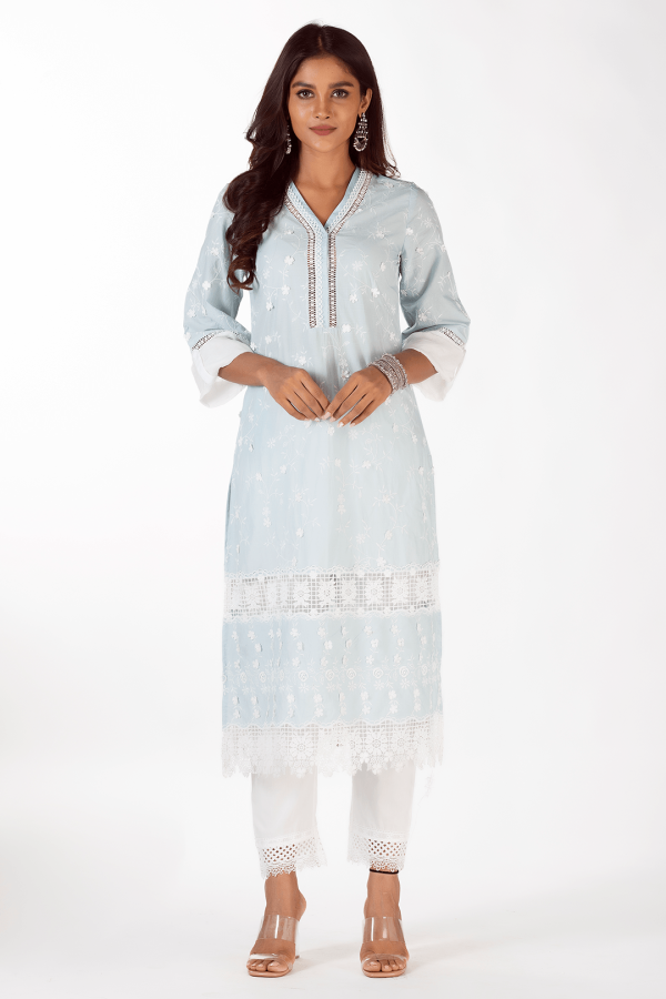 Mulmul Cotton Echo Light Blue Kurta For Cheap