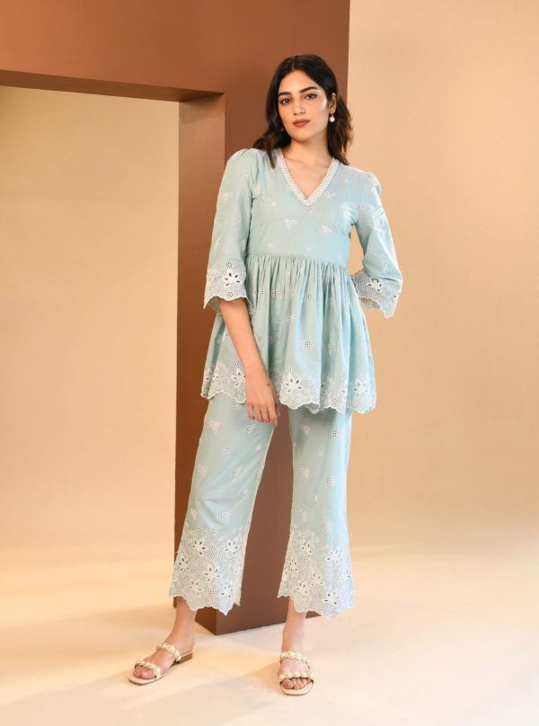 Mulmul Cotton Ayn Teal Blue Top With Mulmul Cotton Ayn Teal Blue Pant Hot on Sale