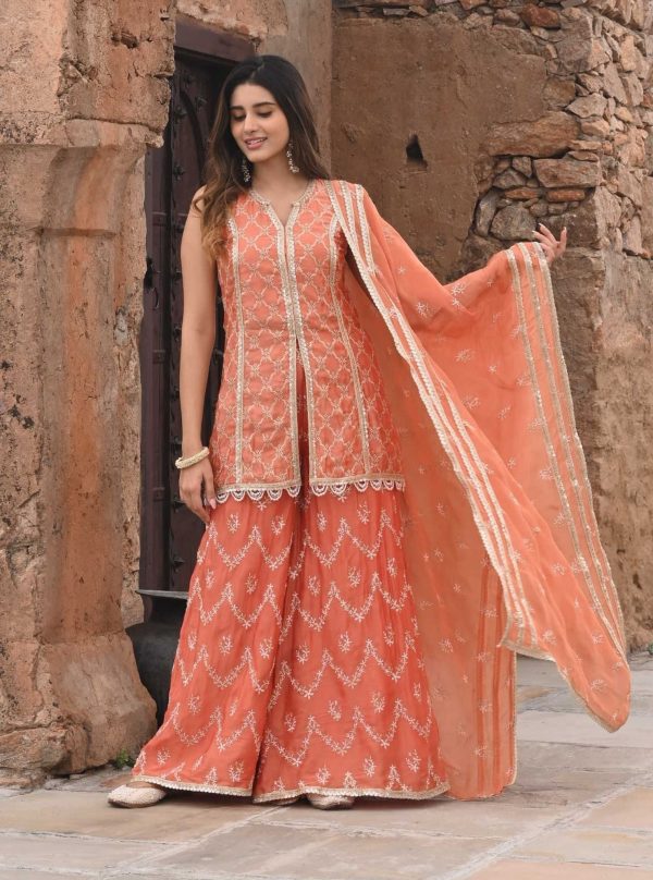 Mulmul Organza Satin Ainah Burnt Orange Kurta with Mulmul Organza Satin Ainah Burnt Orange Sharara Online Hot Sale