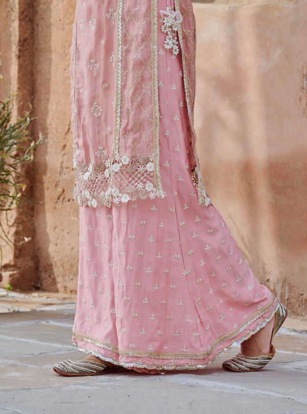 Mulmul Organza Satin Kundmayi Light Pink Kurta with Mulmul Modal Satin Kudmayi Light Pink pallazo For Sale